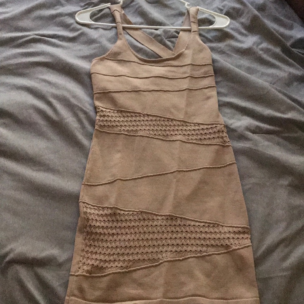 Tan bodycon dress with cross cross back